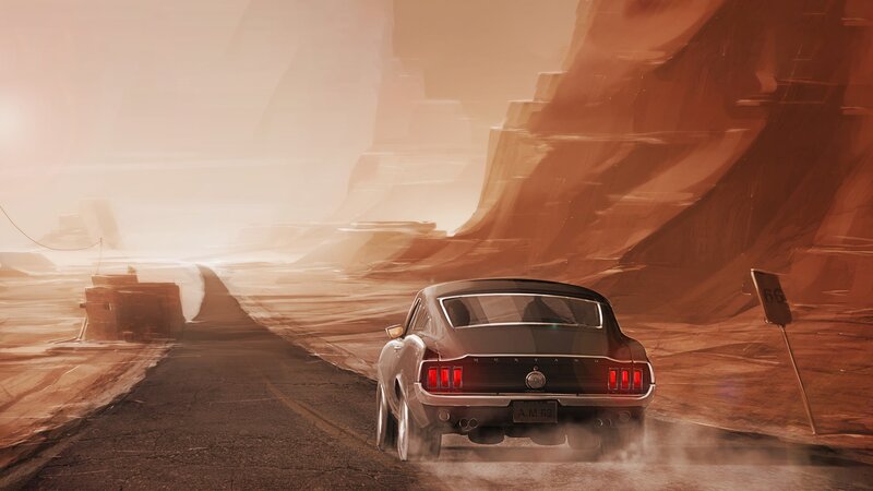 Classic Car on Desert Road — Brown