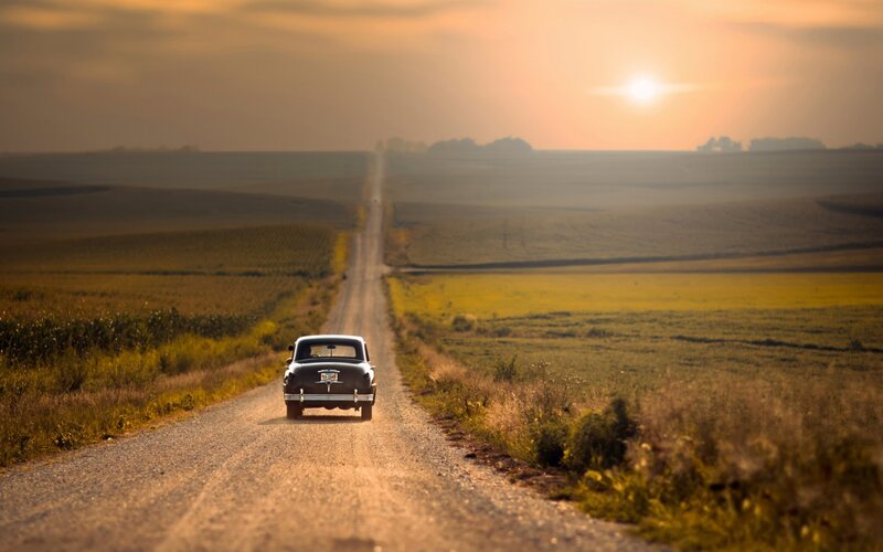 Classic Car on Dirt Road — Yellow, Serene