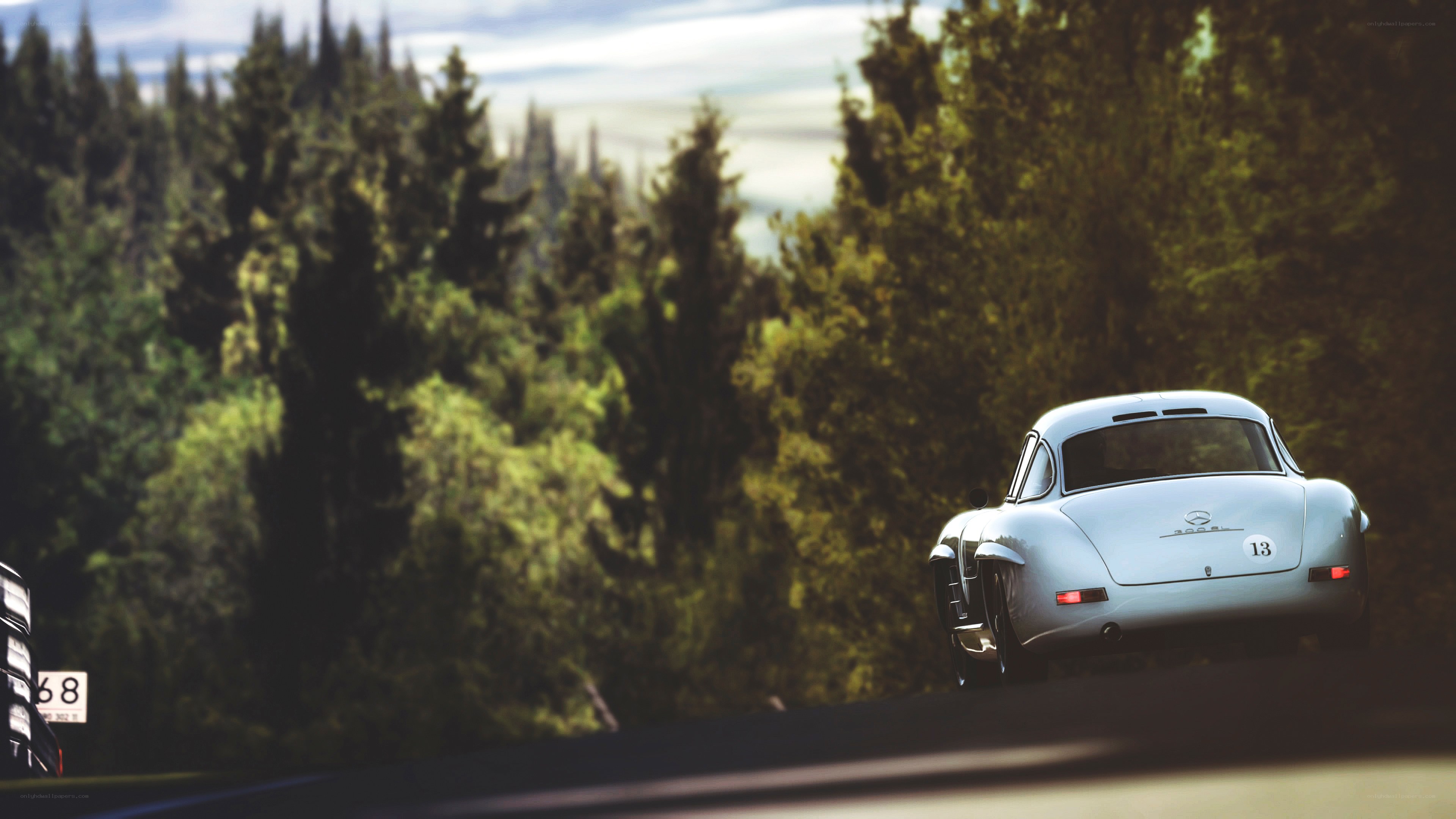 Classic car on forest road