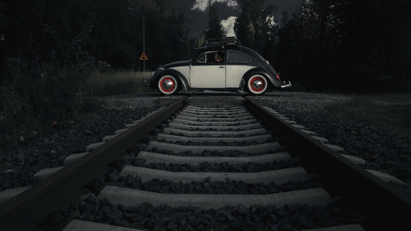 Classic Car on Train Tracks — Black