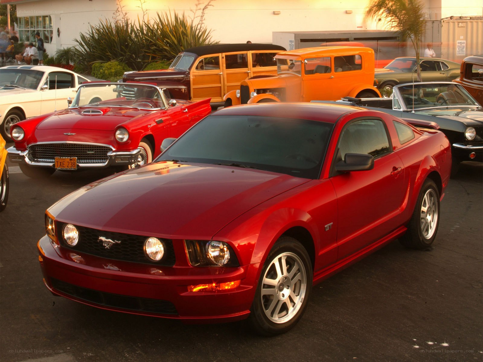 Classic car show with red Mustang