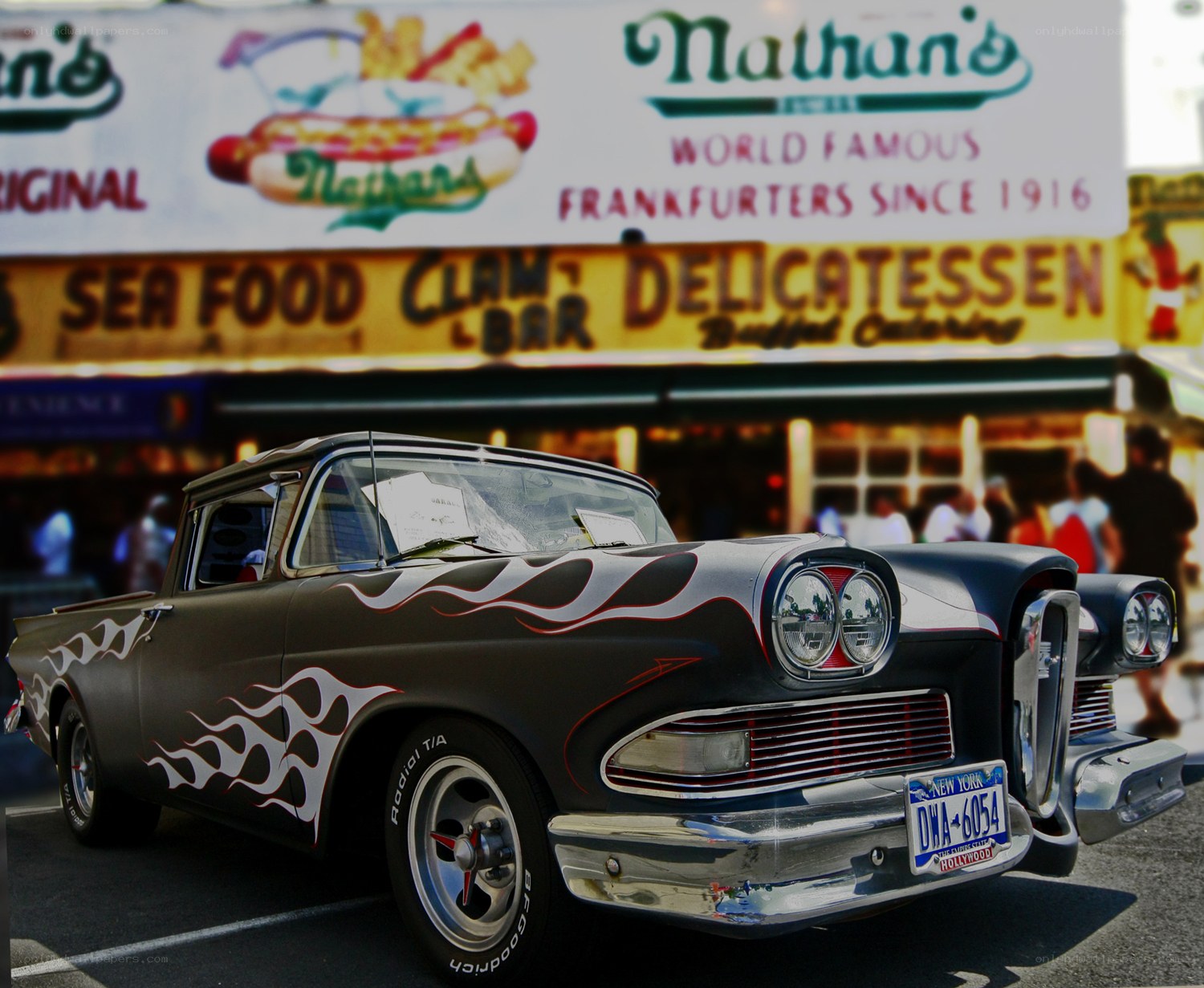 Classic car with flame design