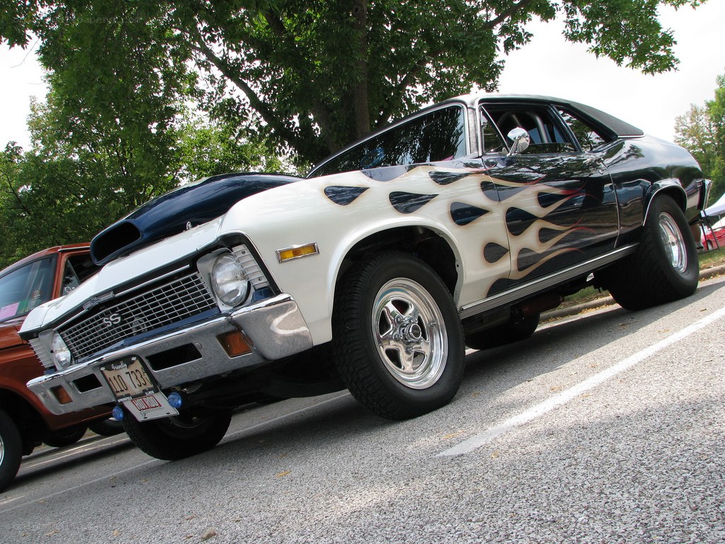 classic car with flame design