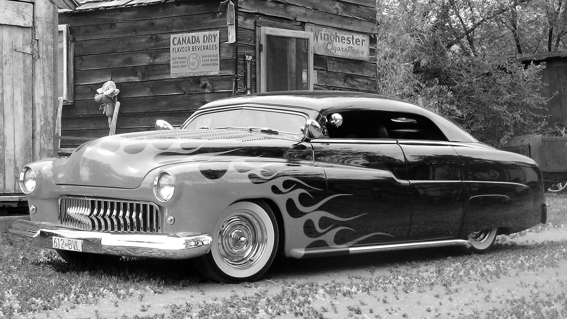 Classic car with flame design