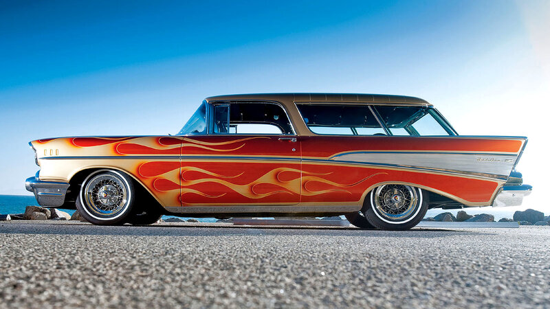 Classic car with flame design