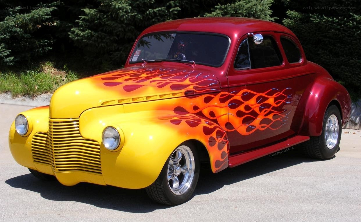 Classic car with flame design