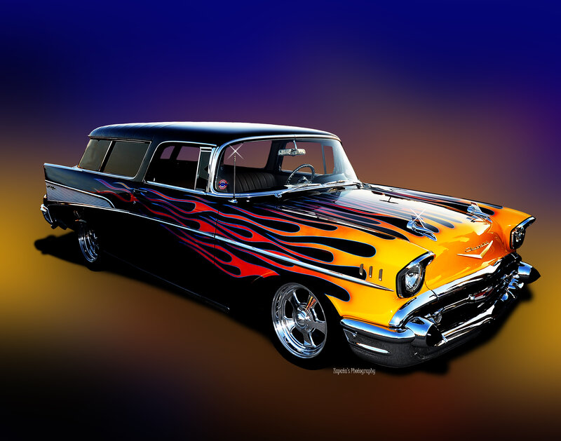 Classic Car with Flames — Black, Dramatic