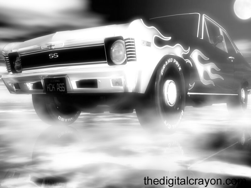 Classic Car with Flames — Black