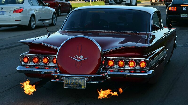 Classic car with flames