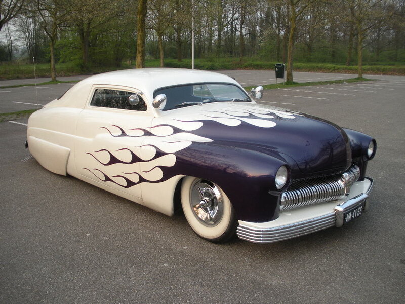 Classic Car with Flames — White