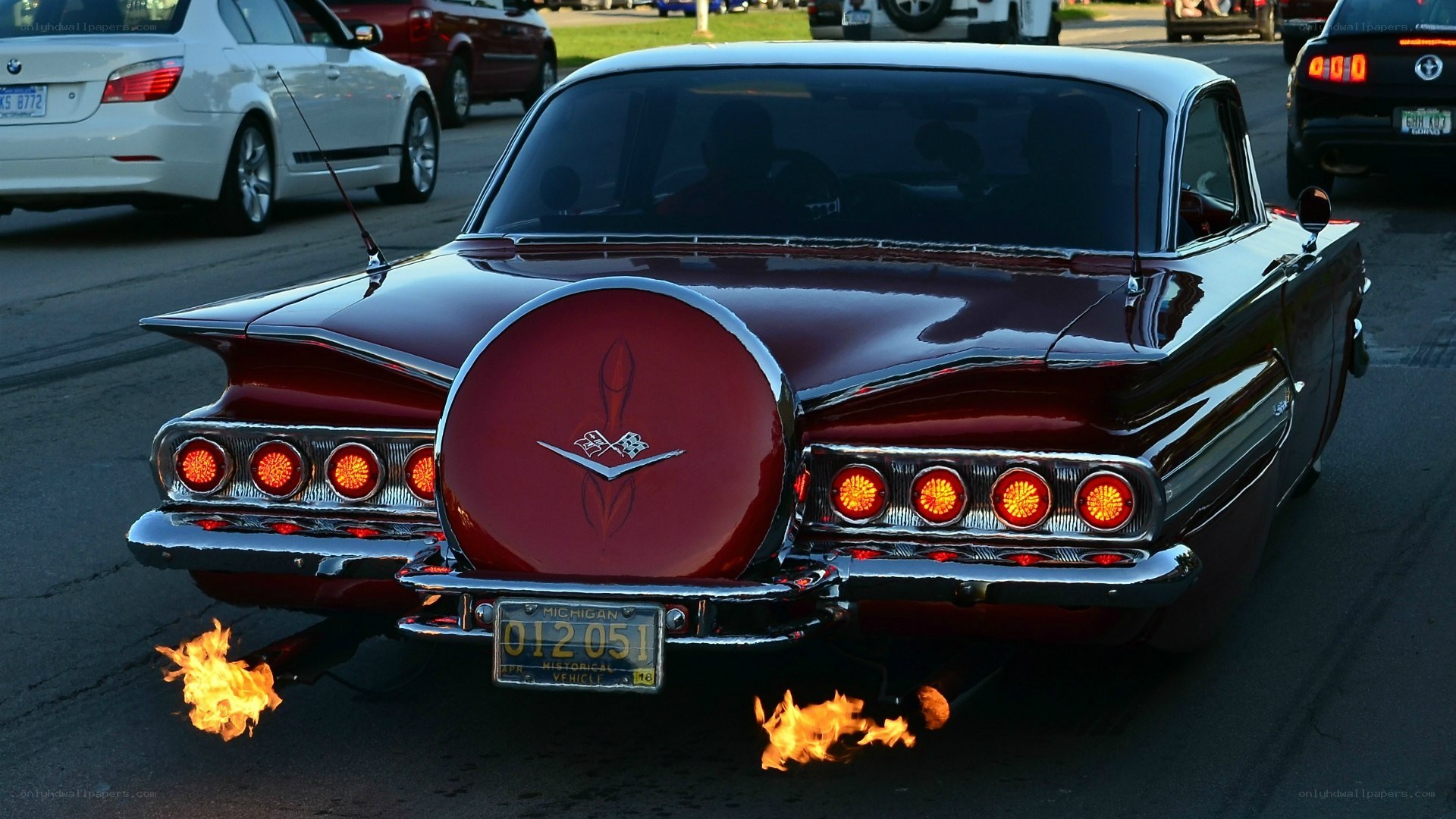 Classic car with flames