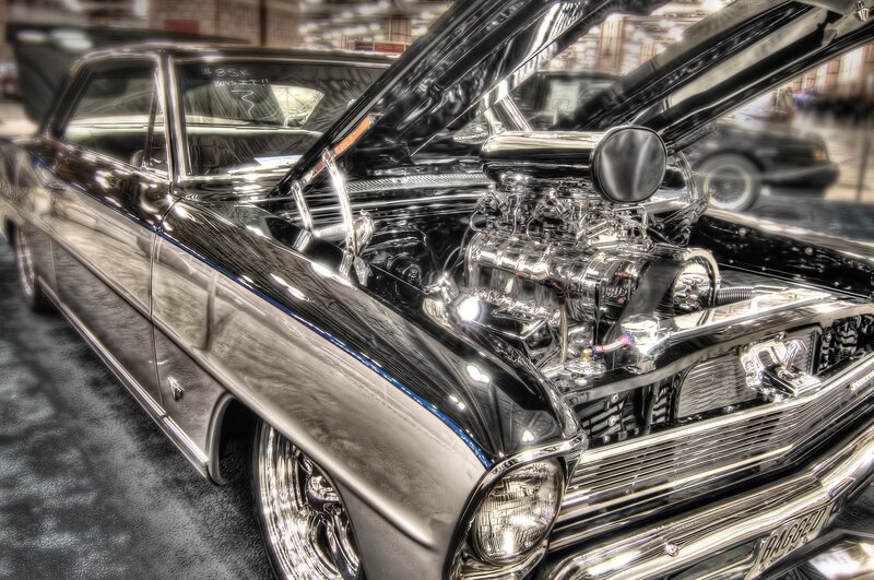 Classic Car with Open Hood — Black, Dramatic