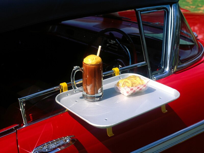 Classic car with tray and drink