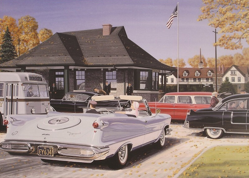Classic Cars at a Bus Depot
