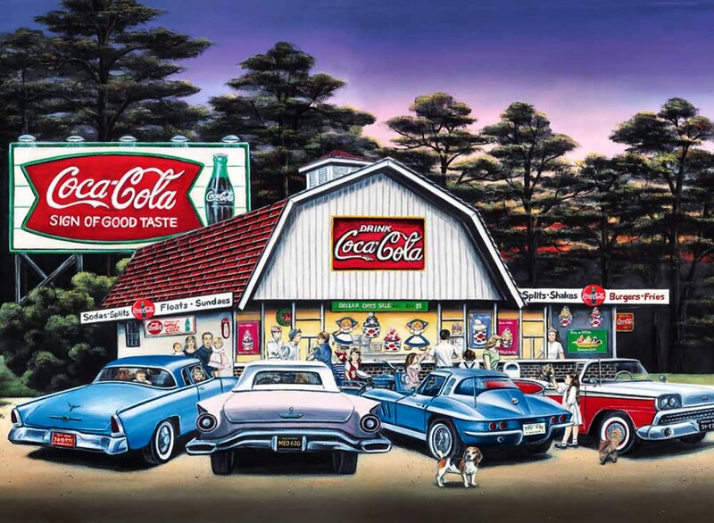 Classic Cars at Diner — Blue, Nostalgic, Sunset