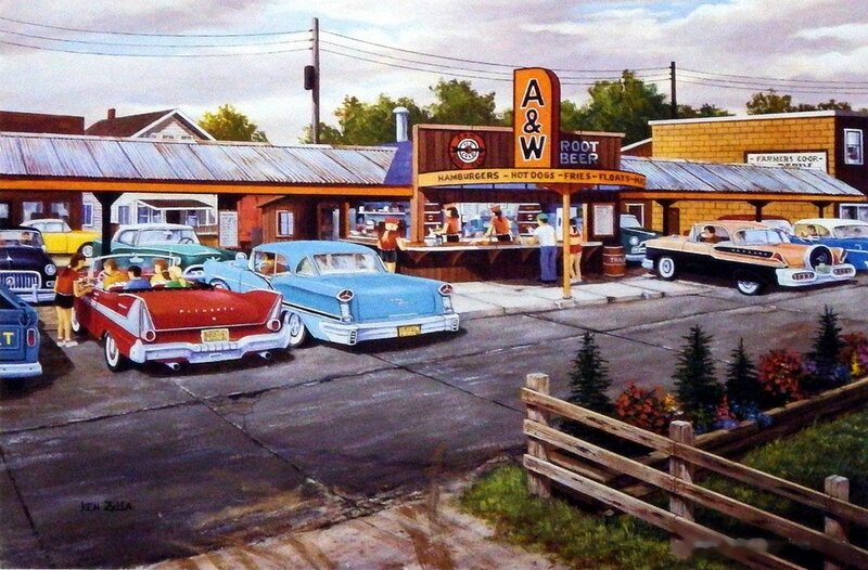 Classic Cars at Diner — Blue, Nostalgic