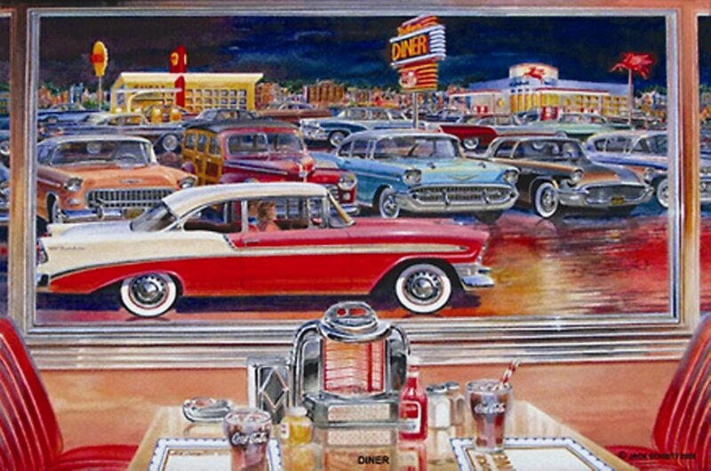Classic Cars at Diner — Red, Nostalgic, Night