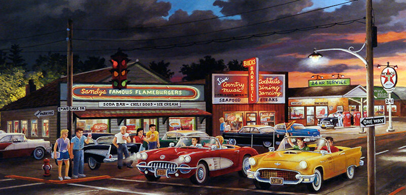 Classic Cars at Diner — Red, Nostalgic, Sunset
