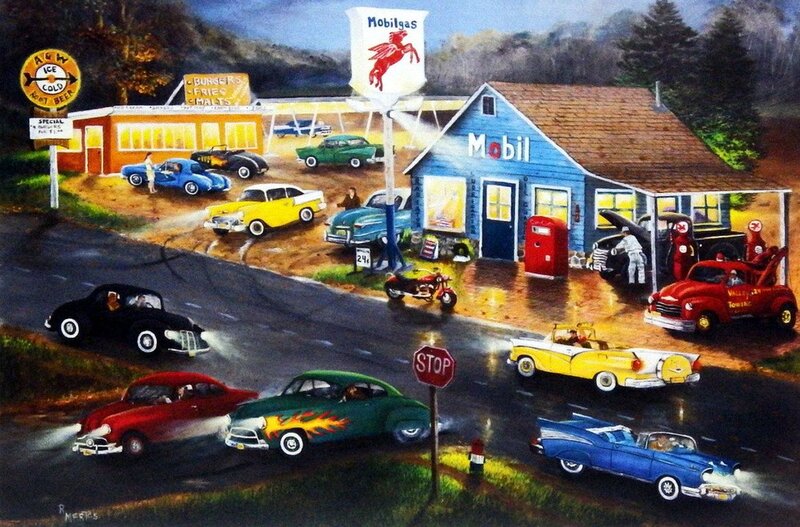 Classic Cars at Gas Station — Blue, Nostalgic, Afternoon