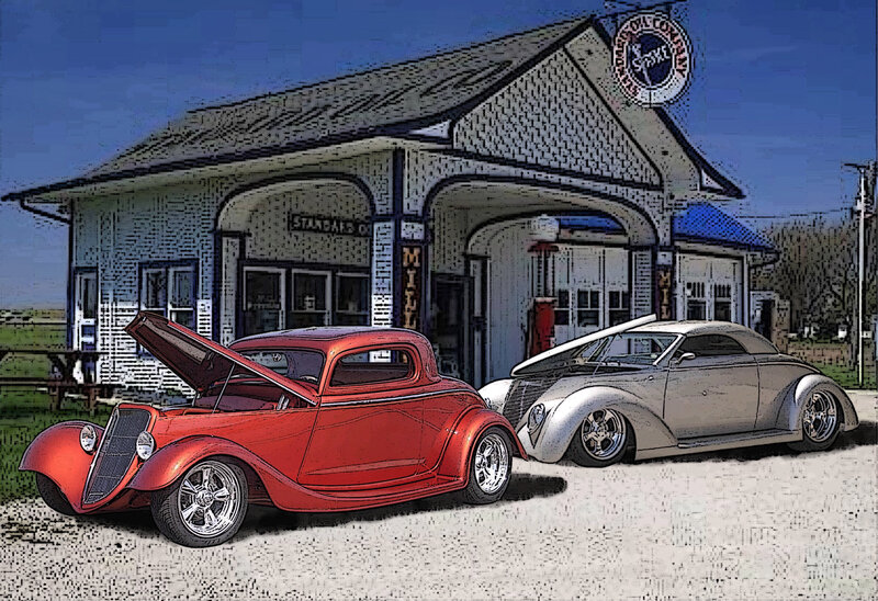 Classic Cars at Gas Station