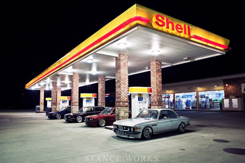 Classic Cars at Gas Station — Yellow, Dramatic