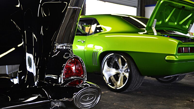 Classic cars in a garage