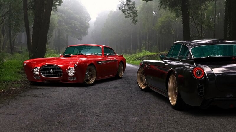 Classic cars in a misty forest