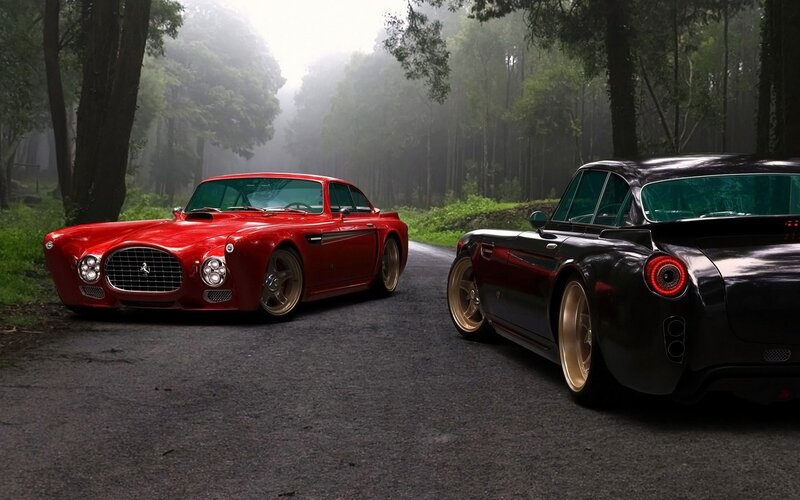 Classic cars in a misty forest