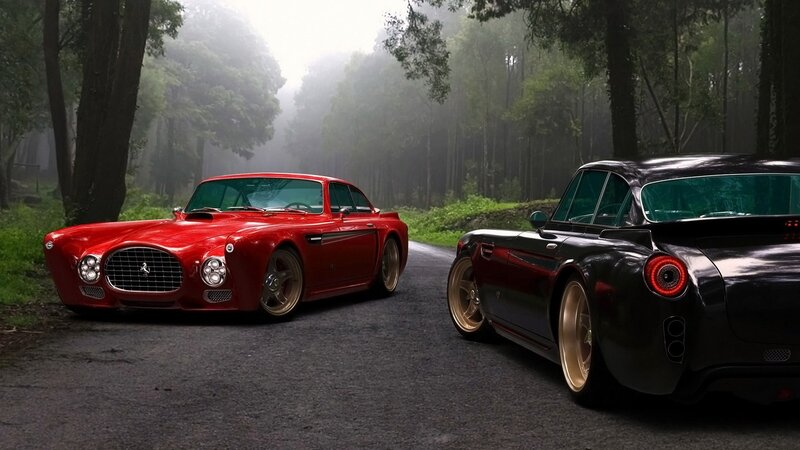 Classic cars in a misty forest