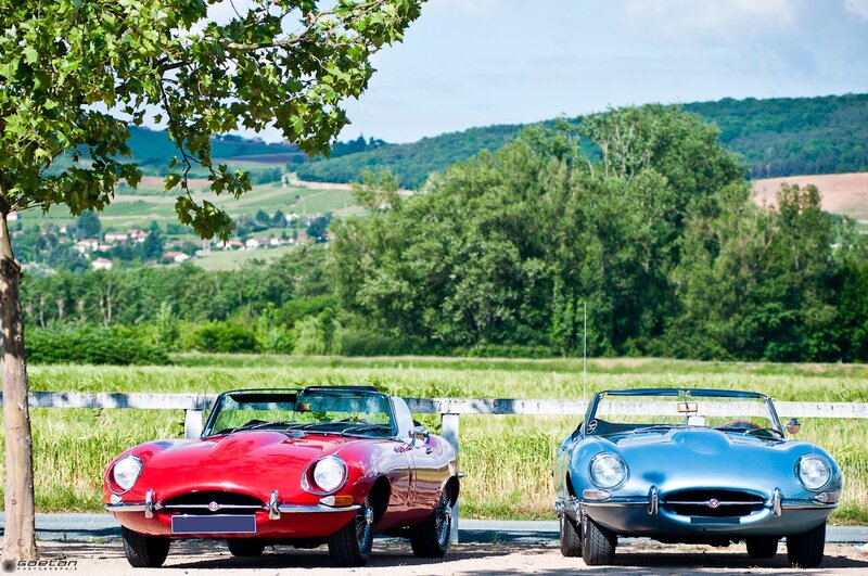Classic cars in a scenic landscape
