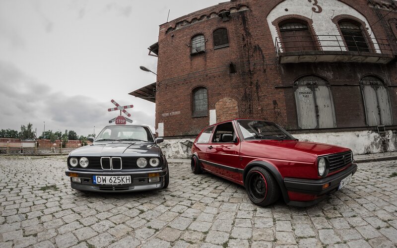 Classic cars in an industrial setting