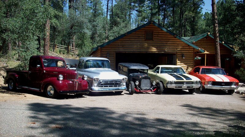 Classic Cars in Driveway — Red