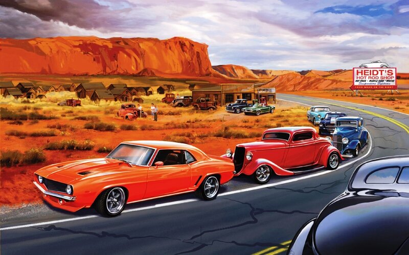 Classic Cars on Desert Road — Orange