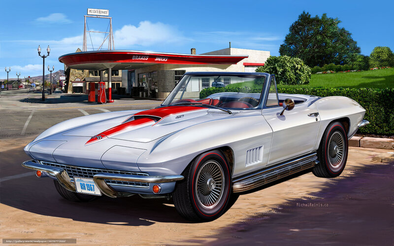 Classic Corvette at a vintage gas station
