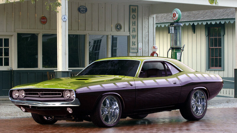 Classic green muscle car at gas station