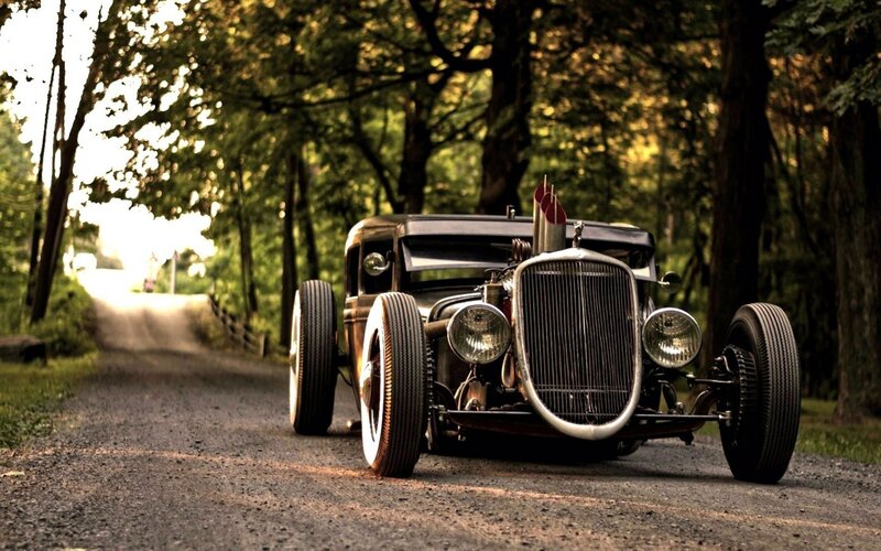 Classic Hot Rod Car — Black, Dramatic, Sunset, Photograph