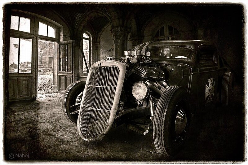 Classic hot rod in an old building