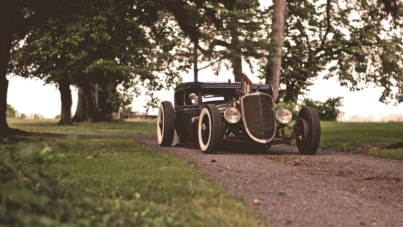 classic hot rod on a gravel path