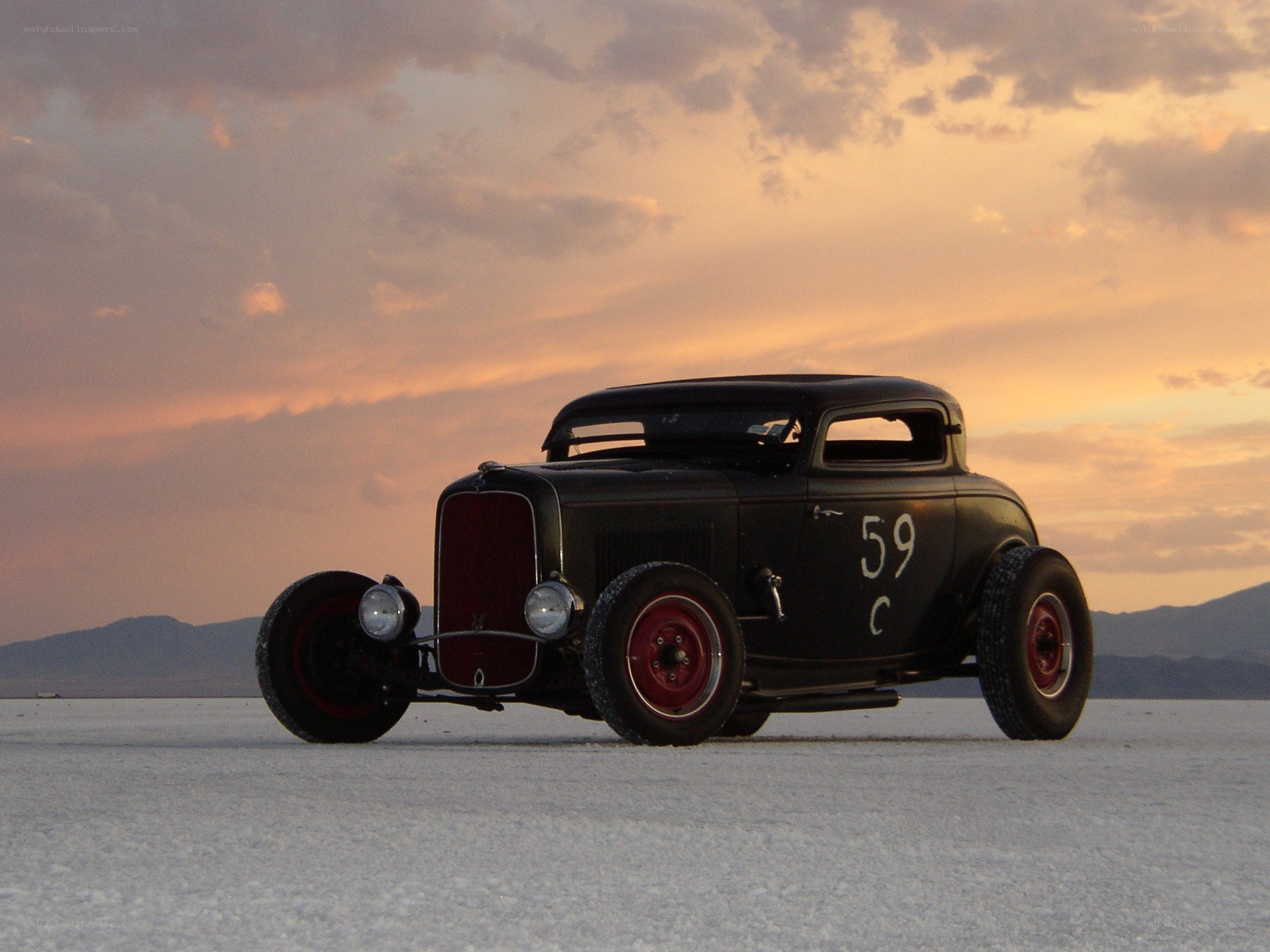 Classic hot rod on salt flats