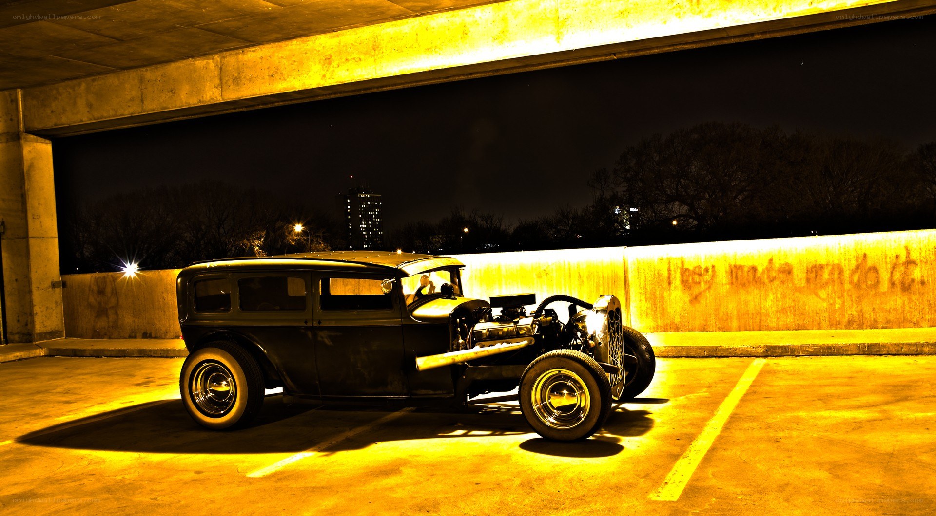 classic hot rod under bridge