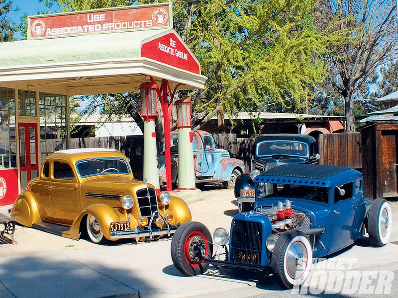 Classic Hot Rods at Gas Station