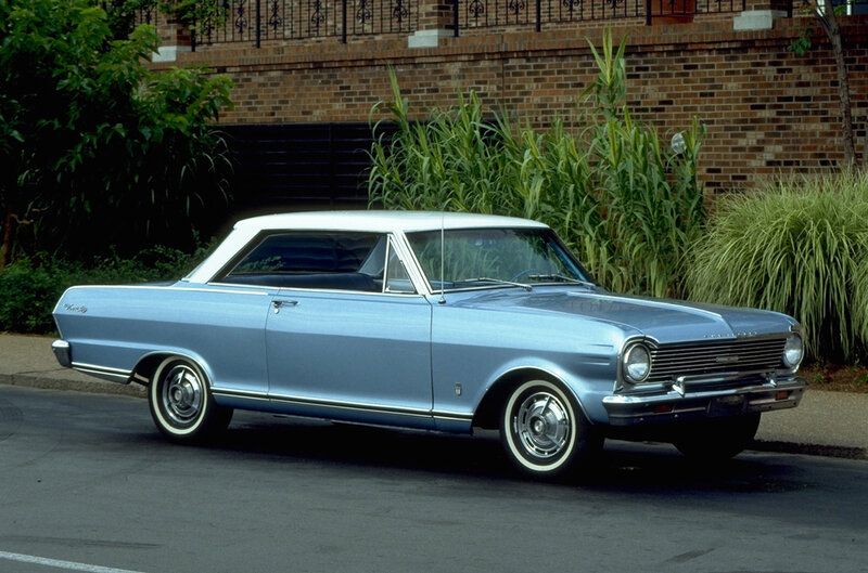 Classic light blue car on street