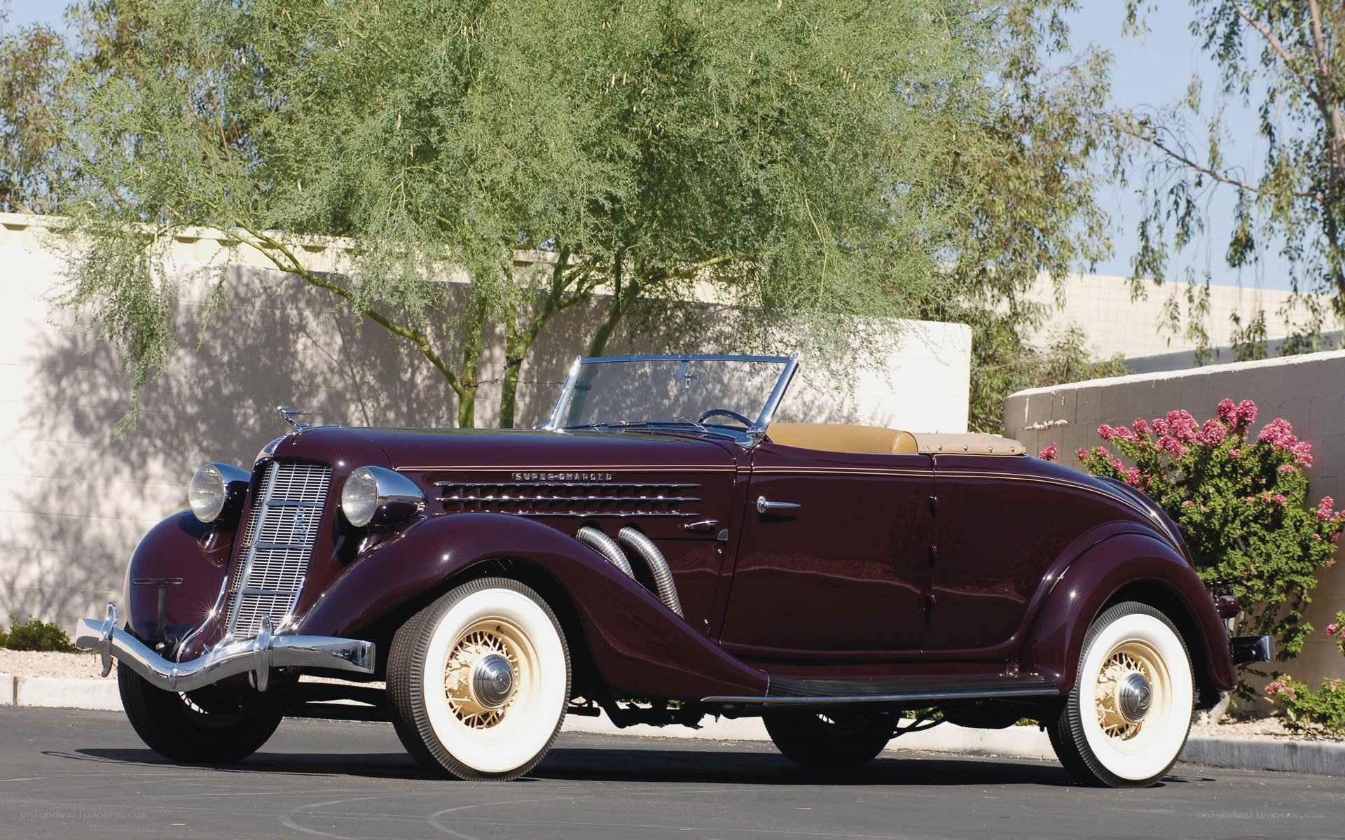Classic maroon convertible car