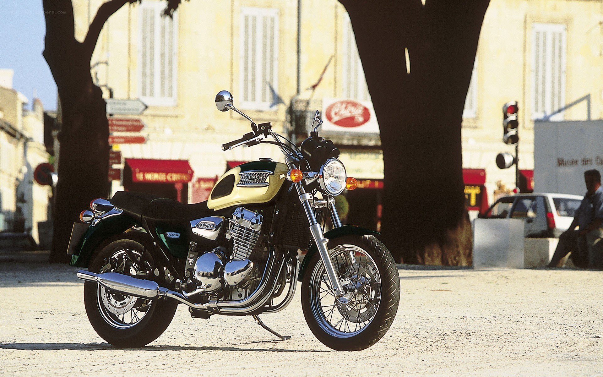 Classic motorcycle in a town square