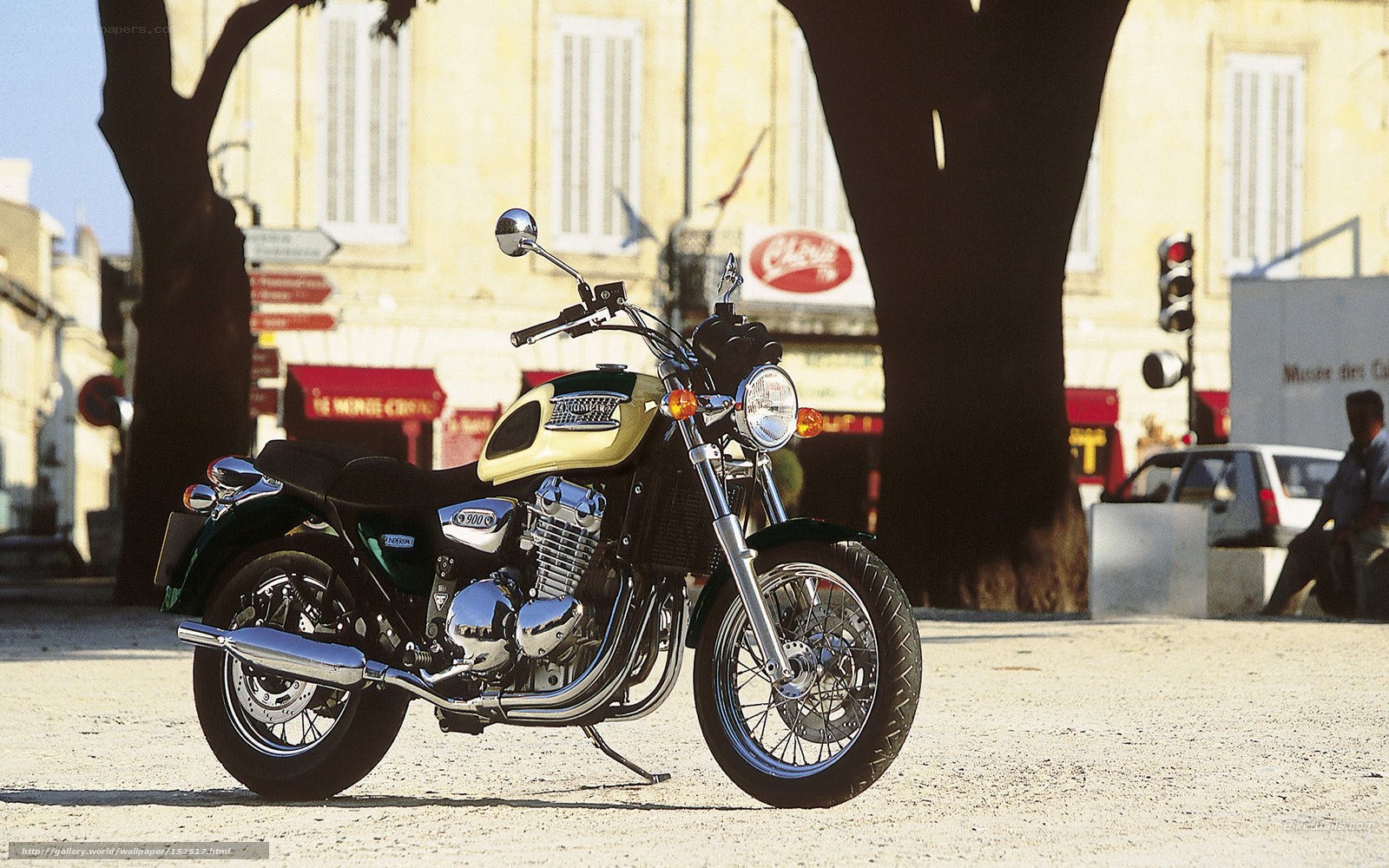 Classic motorcycle in town square