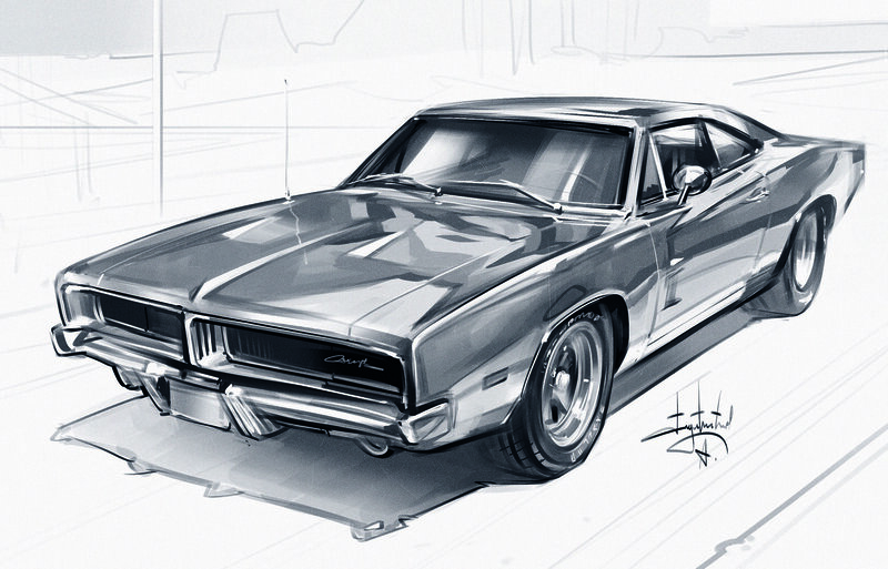 Classic Muscle Car — Black, Dramatic, Illustration, Sketch
