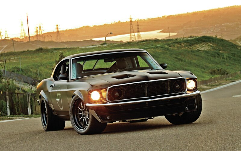 Classic Muscle Car — Black, Dramatic, Sunset, Photograph, Road