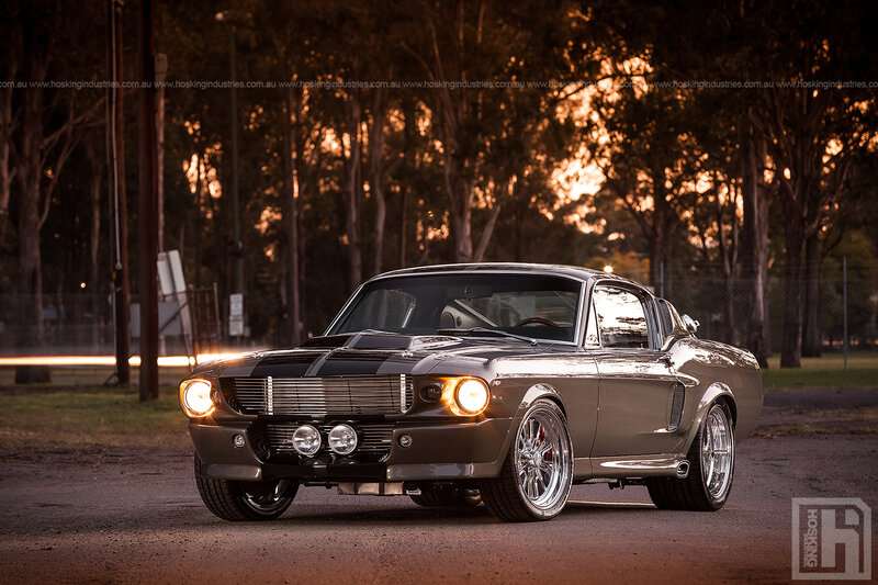 Classic Muscle Car — Black, Dramatic, Sunset, Photograph, Trees