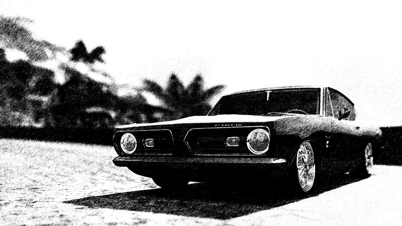 classic muscle car in black and white