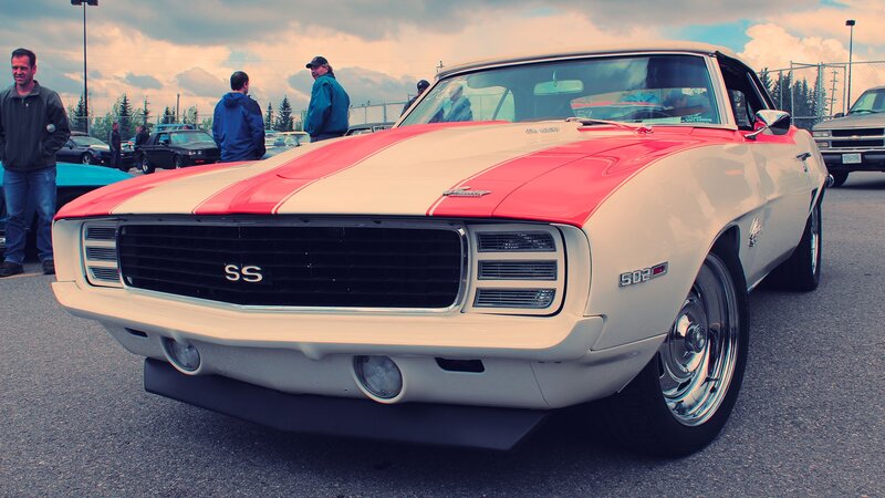 Classic Muscle Car — White, Dramatic, Sunset, Photograph